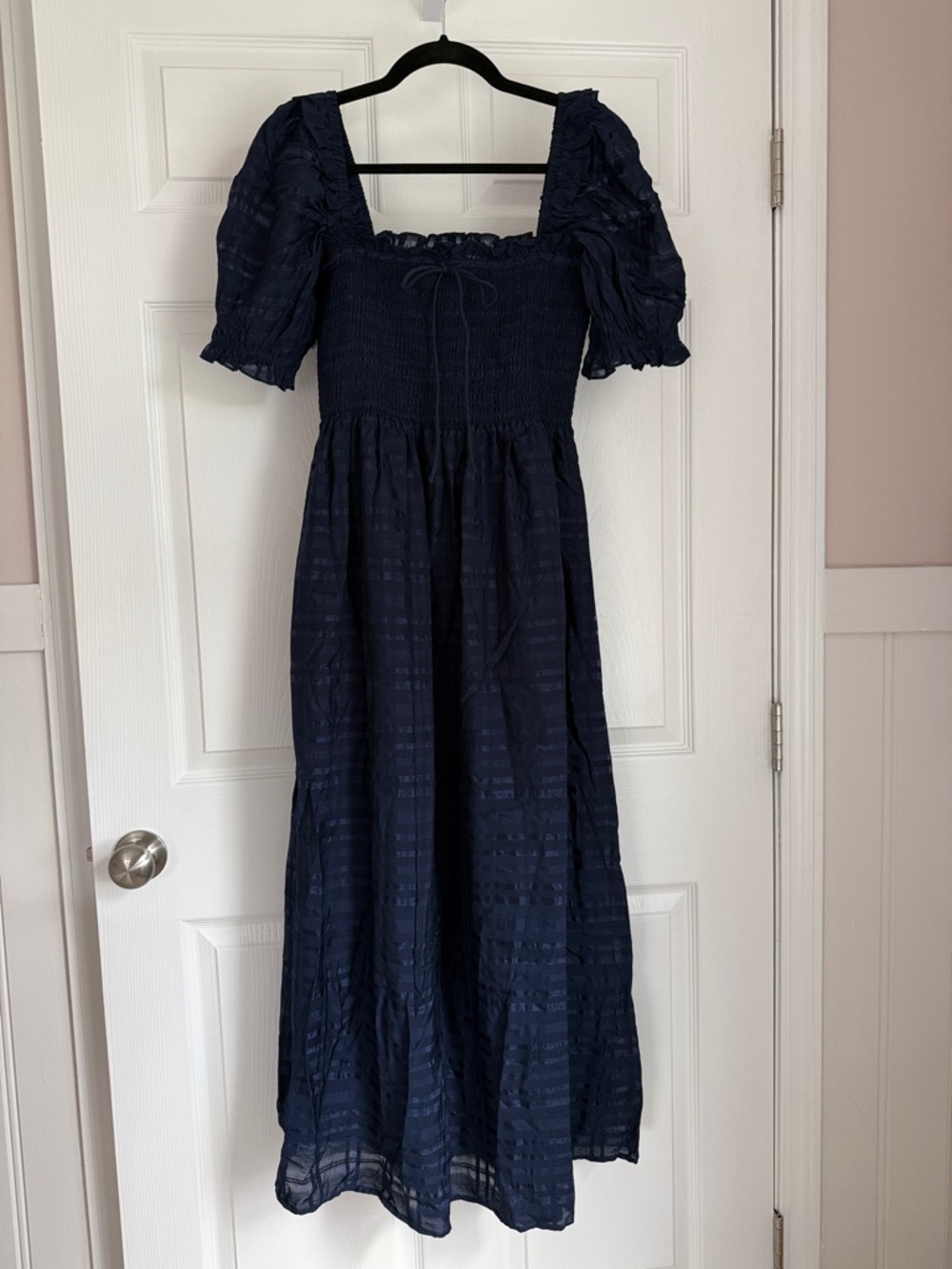 Hill House Navy Puff Sleeve Smocked Midi Dress